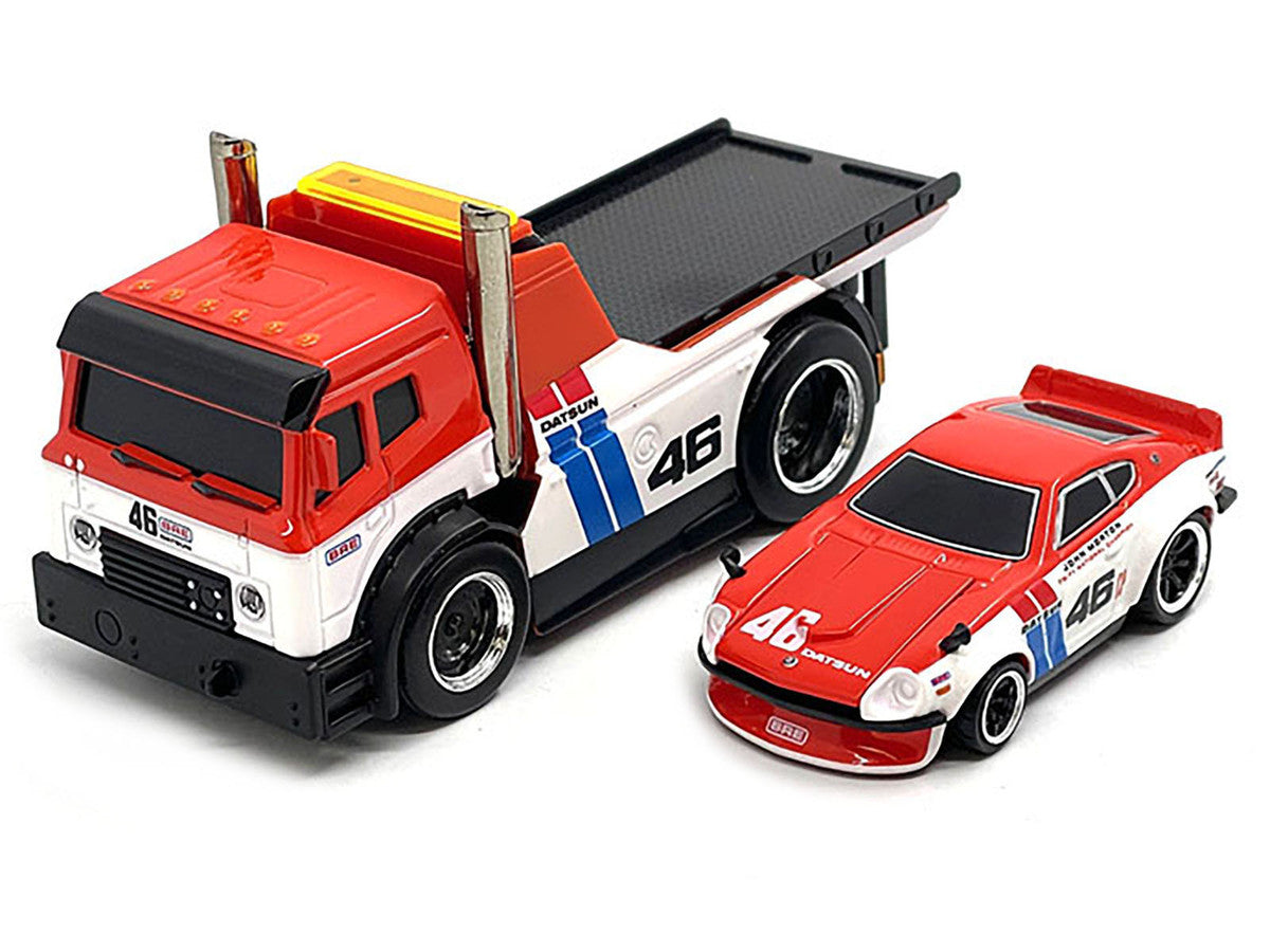 JDM Flatbed Truck #46 Red and White with Blue Stripes and 1972 Datsun 240Z #46 Red and White with Blue Stripes "BRE" "Muscle Transports" Series 1/64 Diecast Models by Muscle Machines-1